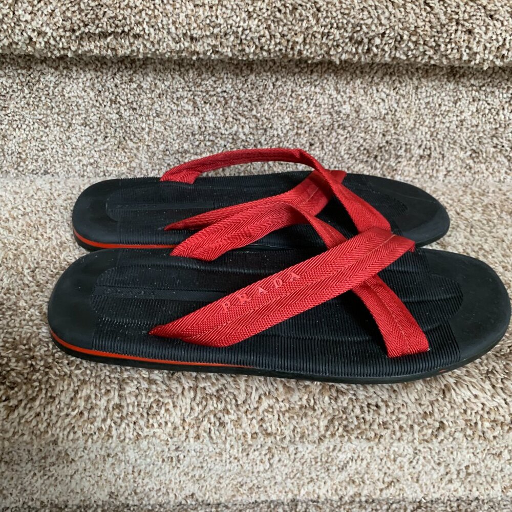 Prada Sport Red Colorblock Pattern Crossover Straps Canvas Slides - Picture 2 of 13